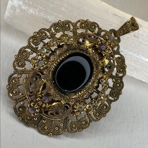 Vintage West Germany Gold Tone Filigree Black Stone Rhinestone Pendent